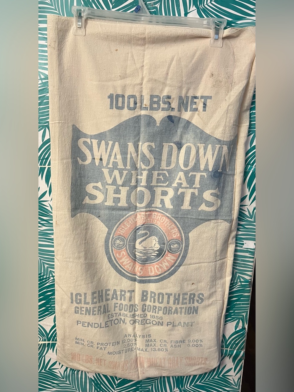 Vintage Swans Down Wheat Shorts 100lb sack Canvas Cream and Blue rustic